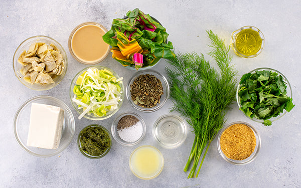 Ingredients for Springtime Greens, Artichoke & Leek Filo Pie