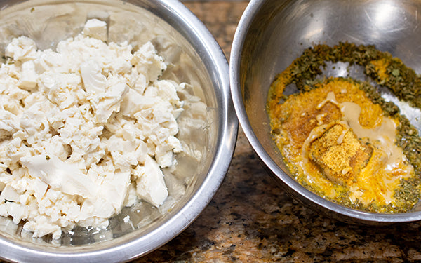 The night before pie prep, make the feta by mixing together the miso, vinegar, lemon juice, salt, oregano, nutritional yeast and tahini and stir until well blended.