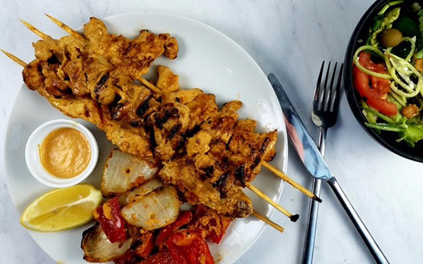 Image of Middle Eastern Chicken and Veggie Kebobs with Spiced Yogurt Sauce