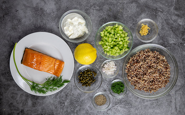 Ingredients of Smoked Salmon Salad with Dill Caper Dressing