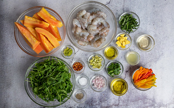Image of Ingredients for Stir-Fried Prawns With Thai Vinaigrette, Baby Greens and Papaya