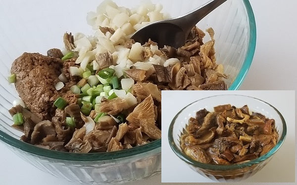 Reconstitute dried mushroom per directions on package, then dice. In a mixing bowl combine Soy Ground, water chestnuts, green onions and mushrooms. Then add the soy sauce and salt. Mix well.