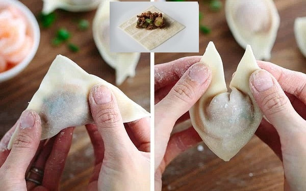 To form the won tons, lay out a wrapper on a cutting board with one corner at the top. 
