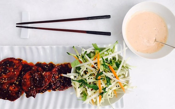 Image of Korean-Style Daikon and Cucumber Salad with Braised Red Tofu