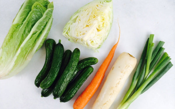 Image of ingredients for Korean-Style Daikon and Cucumber Salad with Braised Red Tofu