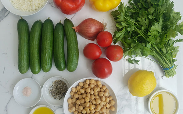 Ingredients for Chopped Greek Salad with Roasted Garbanzo Beans in a Lemon Vinaigrette