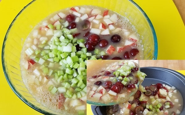 When the apple juice/gelatin begins to thicken, mix the grapes, apple, and celery into the mixture and then pour into a 9”-pie pan; chill until set, about 2 hours. 