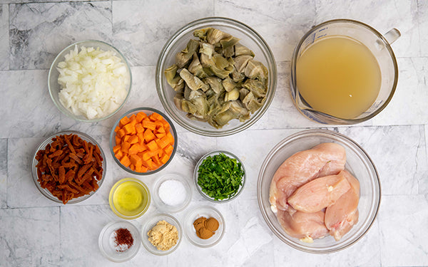 Image of ingredients for Savory Chicken Tagine with Dried Fruits and Baby Artichokes