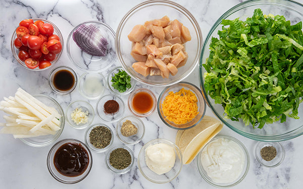 Ingredients for BBQ Chicken Salad with Chili Ranch Dressing