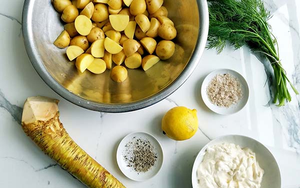 Ingredients for New York Deli-Style Horseradish Potato Salad