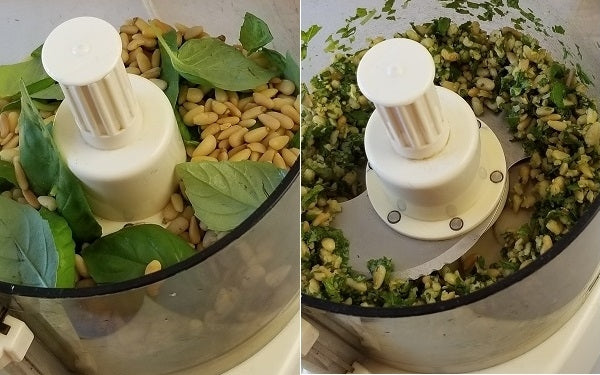 Place the pine nuts and basil leaves in a food processor or blender, PULSE a few times until nuts have broken into pieces and combined with the basil. 