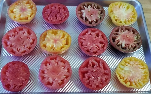 Once the tomato halves have been seeded and washed place them on a baking sheet sprayed with a little vegetable oil. 