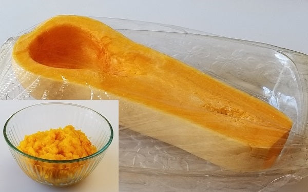 Place one half of the butternut squash in a microwave-safe dish with a few tablespoons of water. 