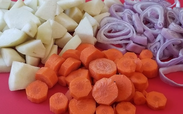 Step 1: Prepare carrots, shallots, and pears.