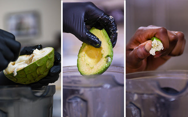 Place the fruit in a blender with the yogurt, avocado, and lime juice.