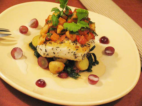 Image of Grilled Swordfish with Coconut-Pineapple Relish, Roasted Baby Potatoes/Wilted Green Kale Laced in Coconut Butter Sauce