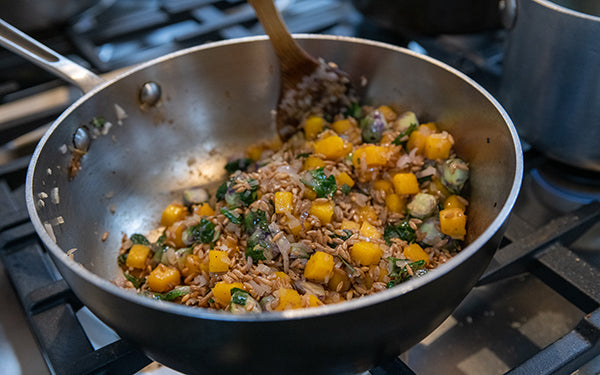 Add the farro to the pan, stir to incorporate and cook about two minutes.