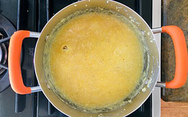 Place water in a medium-size, heavy-bottomed pot and slowly whisk in cornmeal. 