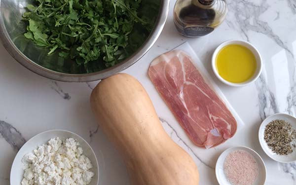 Ingredients for Bitter Greens, Roasted Butter Squash, Crispy Prosciutto and Feta Salad with Aged Balsamic Vinegar Wind