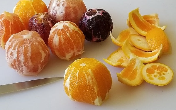 First, cut the bottom and top off of each citrus fruit. Stand the fruit up on its bottom and slice down the fruit skin, removing just enough to expose the fruit underneath. 