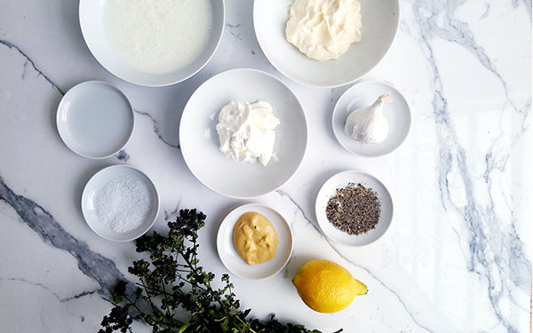 Ingredients for Creamy Garlic Lemon and Oregano Dressing