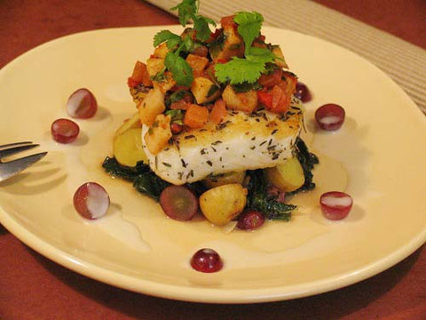 Image of PIC 1 Grilled Swordfish with Coconut-Pineapple Relish, Roasted Baby Potatoes/Wilted Green Kale Laced in Coconut Butter Sauce