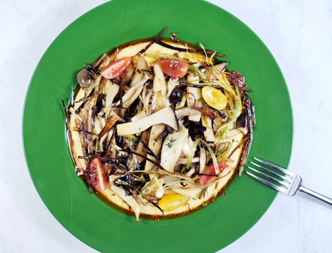 Image of Creamy Rosemary Polenta with Roasted Wild Mushrooms, Leeks and Heirloom Grape Tomatoes