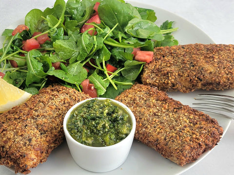 Image of Nut-Crusted Tofu Spears with Sauce Pistou and Arugula, Tomato and Watercress Salad
