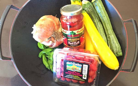 Image of Ingredients for Sautéed Zucchini, Red Onion and Fire Roasted Peppers