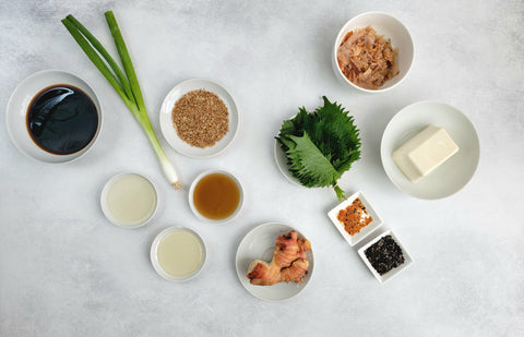 Image of Cold Silken Tofu Salad with Ginger Soy Sauce Dressing and Shaved Bonito Flakes