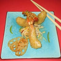 Image of Quinoa Crusted Shrimp with Asian Slaw on Lotus Root Chips