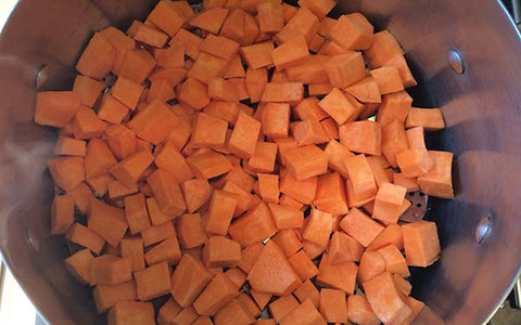 Image of Place sweet potatoes in a steamer basket in a large pot and cover. Cook on medium heat until sweet potatoes are almost done—about 15 minutes. Remove from pot and allow to cool