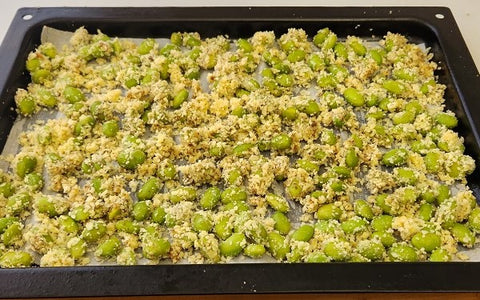 Image of edamame in baking tray