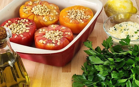 Image of stuffed tomatoes in baking dish