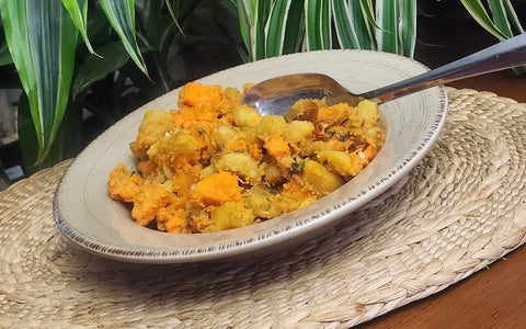 Image of served red sweet potatoes and plantains