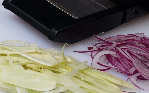 Image of Mandolin both the fennel (crosswise) and the red onion into very thin slices, toss together
