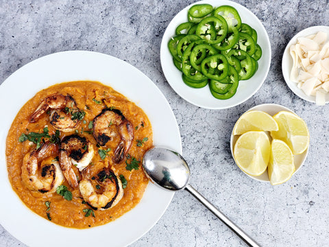 Image of Curried Sweet Potato Soup with Grilled Shrimp, Lime and Coconut