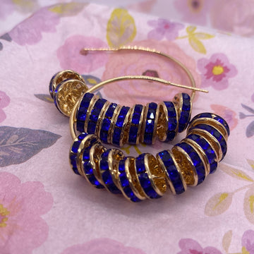 Blue Gold Rhinestone Hoop Earrings