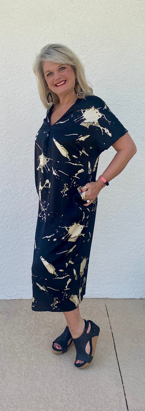 V neck Water Color Print Satin Dress - TheBlingThing.com