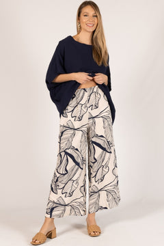 Leaf Print Gauze Wide Leg Crop Pants