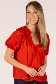 Silky Satin Ruffle Trim Short Sleeve Top