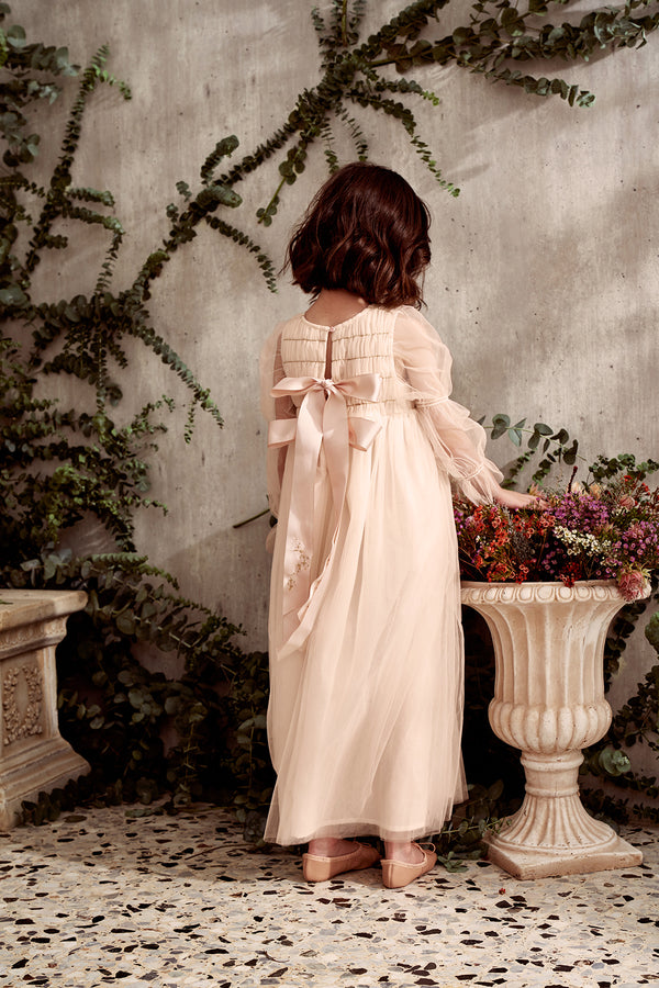 Isabella Dress | Maxi pink tulle flower girl dress with smocking