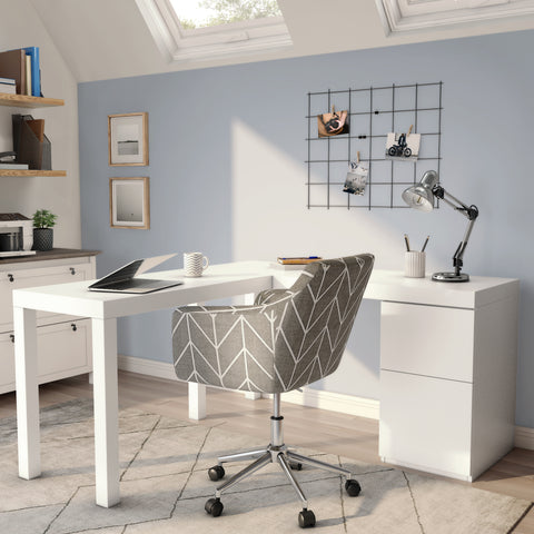 L-Shaped sturdy white desk with built-in file cabinet