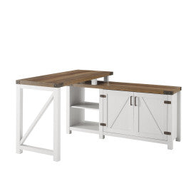 Farmhouse styled L-shaped desk in white with natural wood top