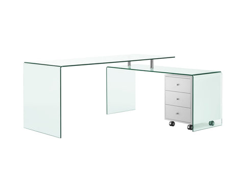 Completely Glass L-Shaped Office Desk w/ Drawer Unit