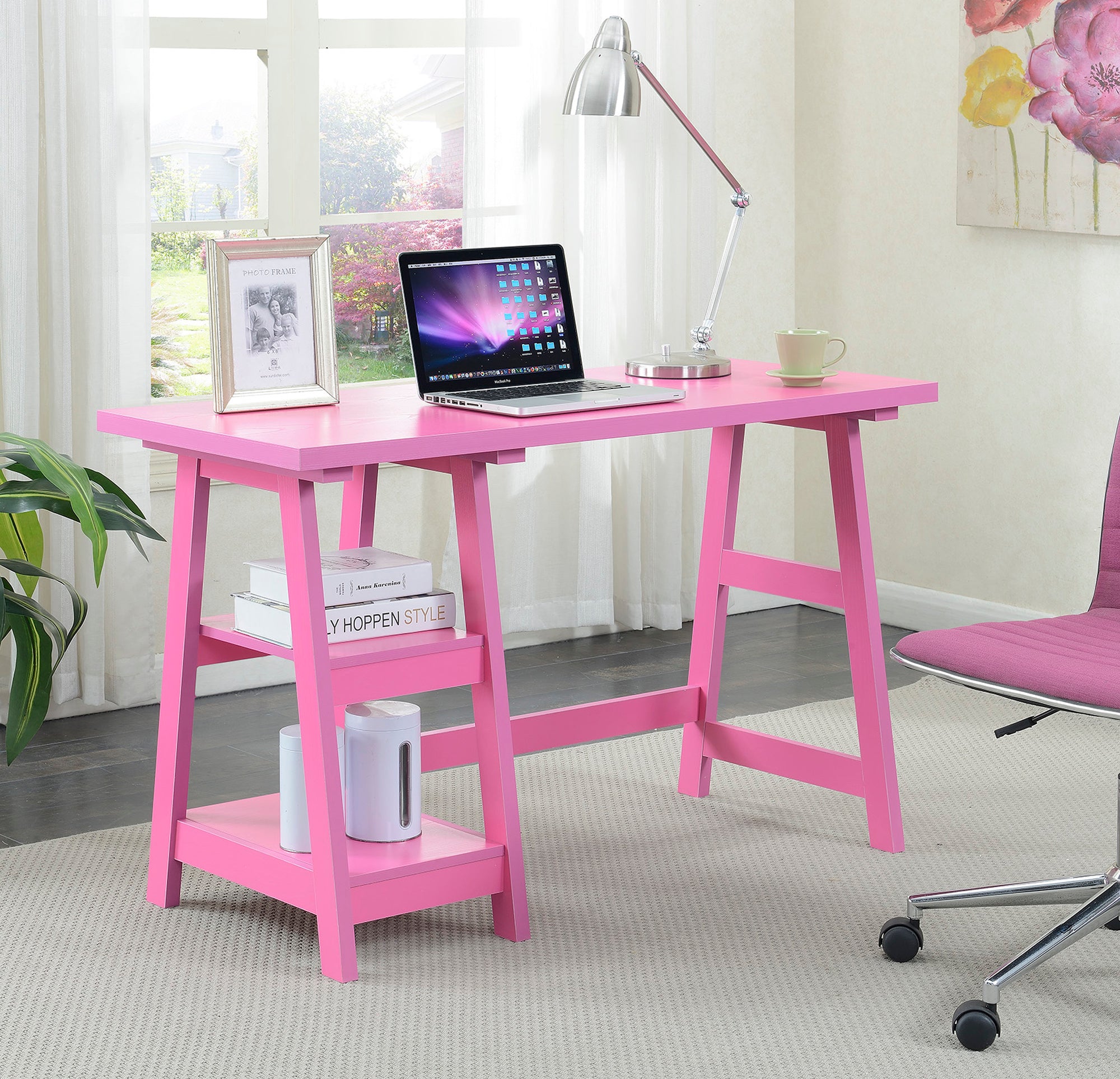 47" Office Desk with Builtin Shelves in Pink Finish