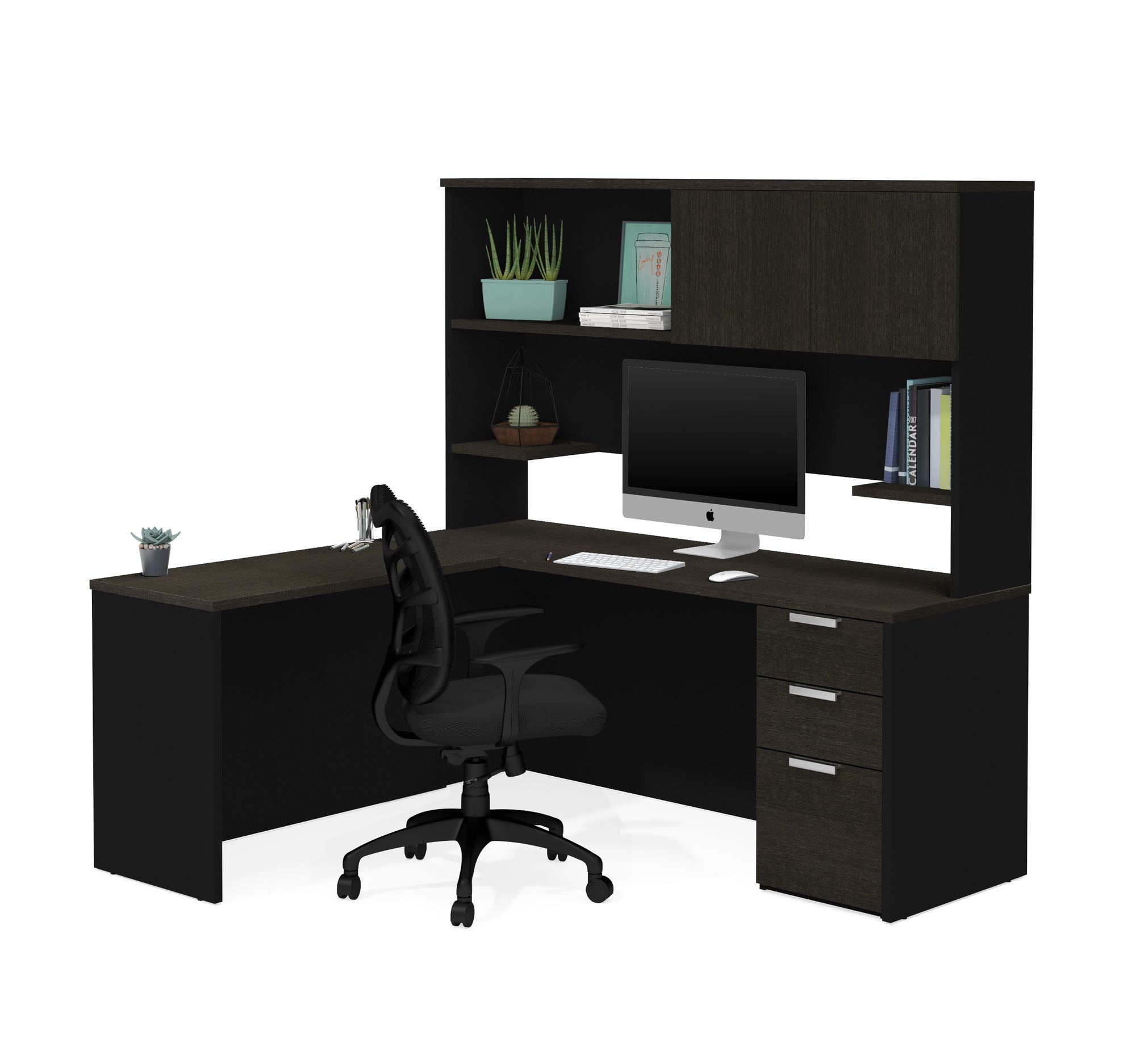 Premium L Shaped Desk With Hutch In Deep Gray Black Officedesk Com