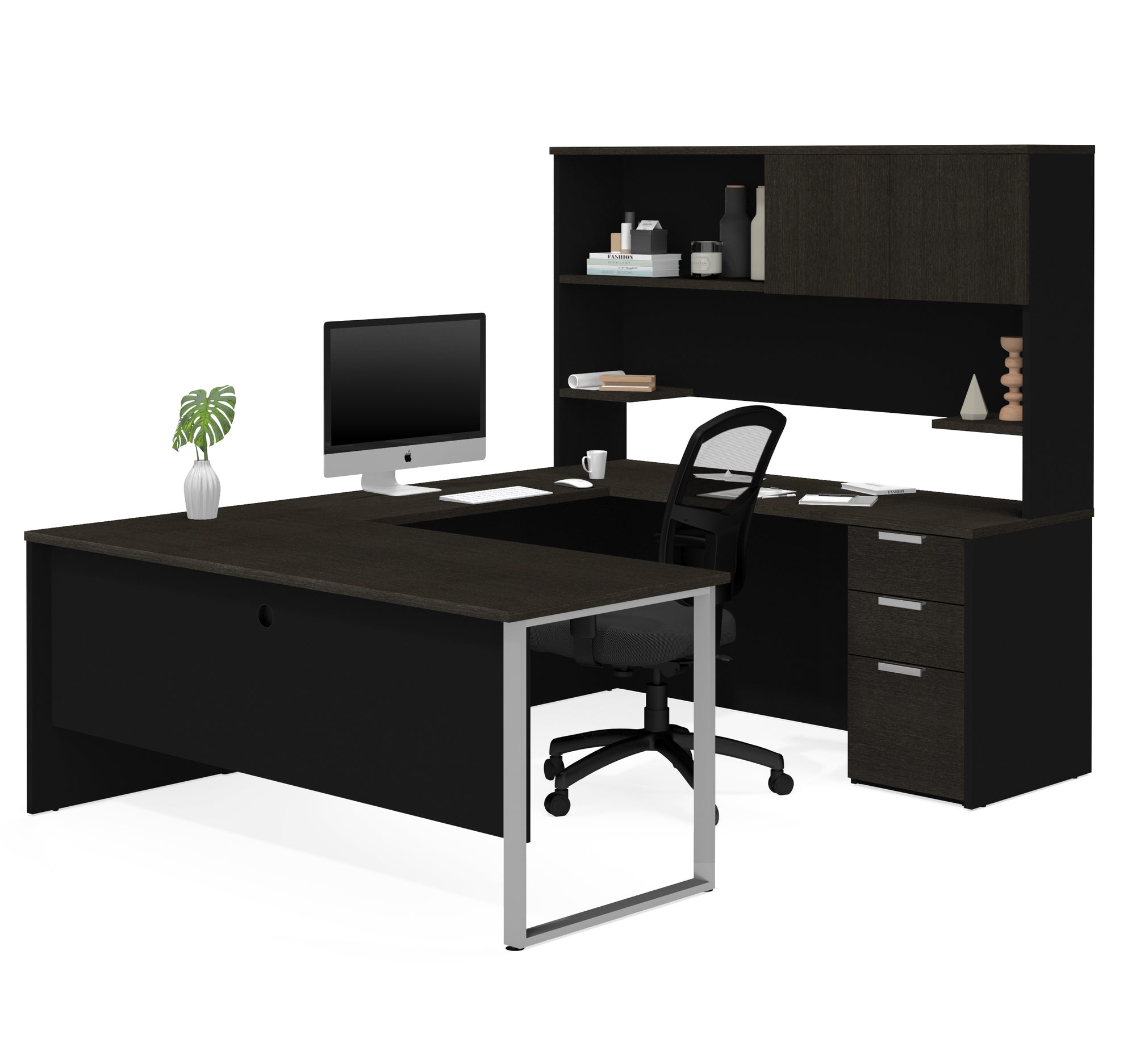 92 X 71 Deep Gray Black U Shaped Desk Hutch By Bestar