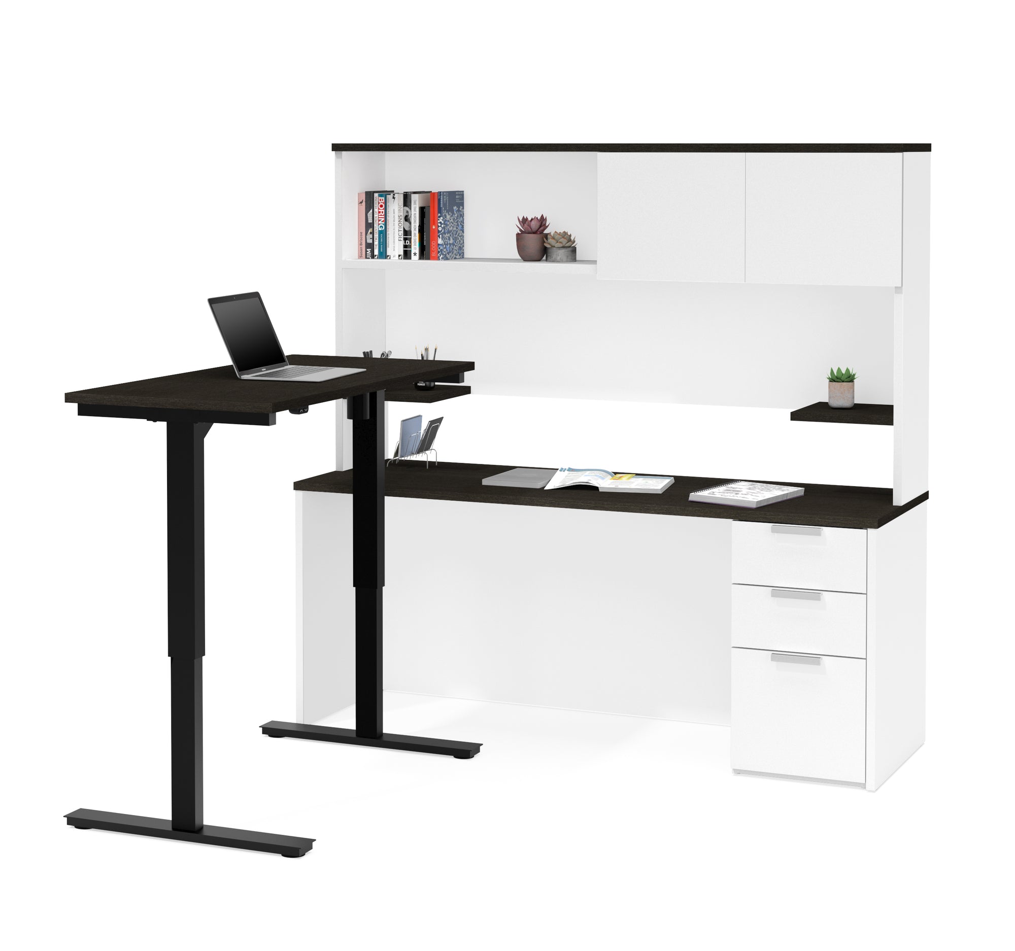 71 White Deep Gray Desk Hutch With 48 Sit Stand Desk