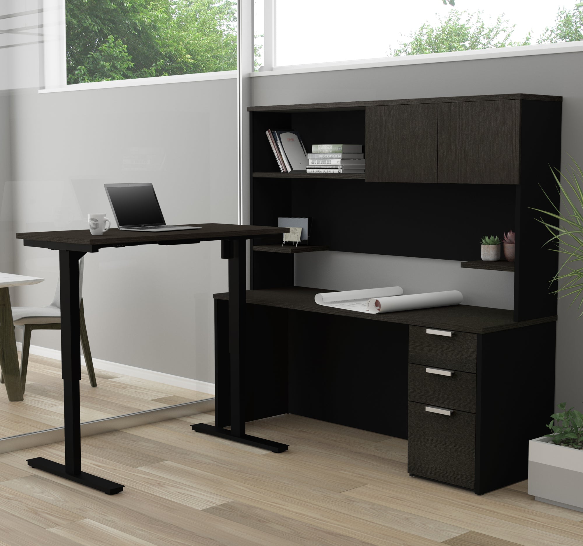 Modern Lshaped Desk with Hutch, with Height Adjustable Side